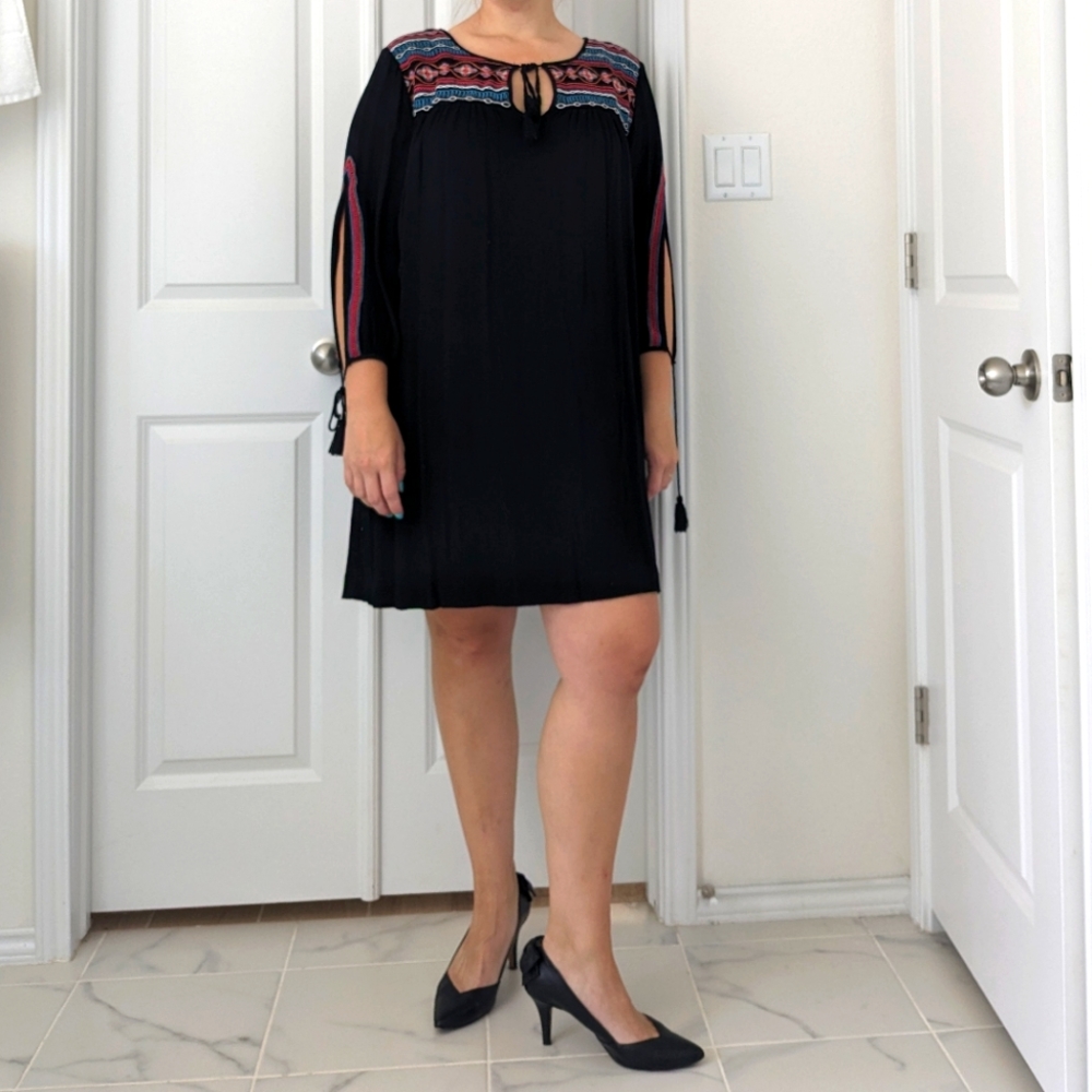Boho Embroidered Sheath Dress, Long sleeve, black, size L